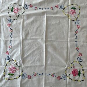 VINTAGE Square White Small Tablecloth Embroidered Roses Hearts Handmade Dainty
